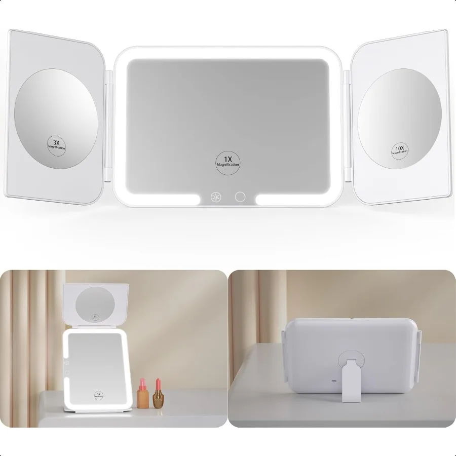 

Trifold Makeup Mirror with 3 Colored Lights and Touch Control 1X 3X 10X Magnifying Portable Mirror 5000mAh Rechargeable LED Mir