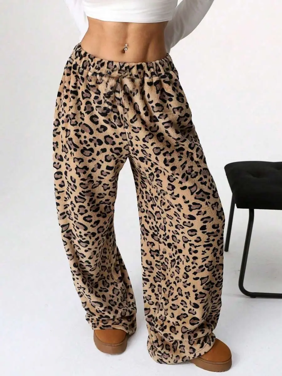 Leopard Print Pattern Women's Flannel Plush Straight Leg Pants for Autumn and Winter Warmth Softness Comfort Home Sleepwear Gift