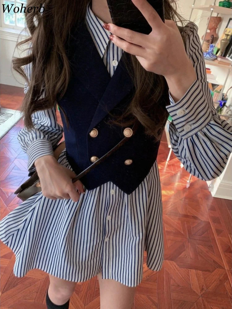 Woherb 2024 Vintage New 2-Piece Sets Striped Shirt Mini Dress Korean Spring Summer Fashion Double-breasted Vest Women\'S Shirts