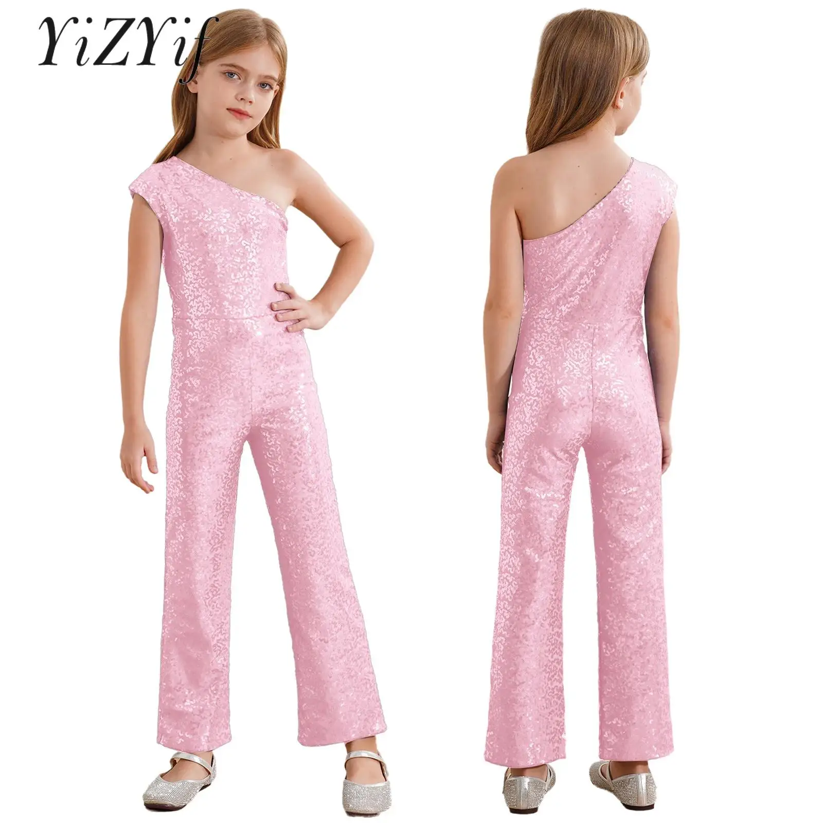 Girls One Shoulder Allover Sequins Jumpsuit Jazz Dancewear Formal Party Romper Playsuit Dance Prom Leotard Long Pants