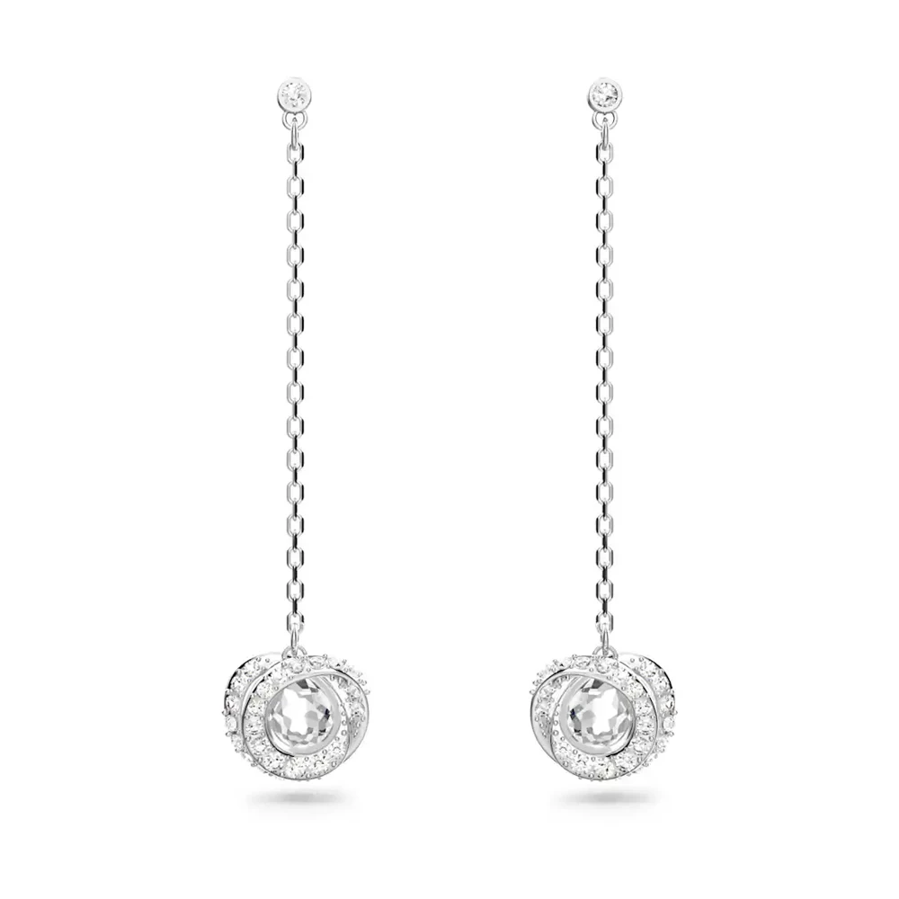 

Серебристые длинные серьги-цепочки с кристаллами паве в форме шара