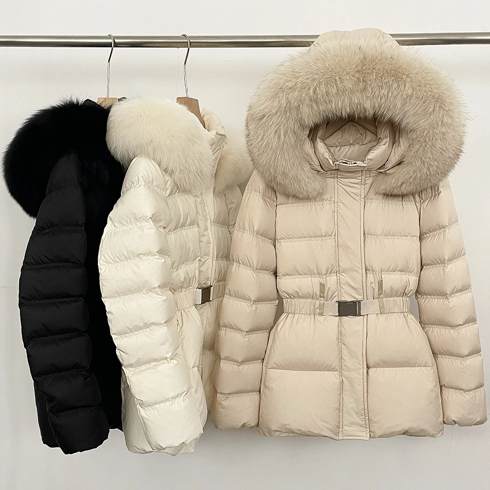 Goose Down Jacket with Fur for Women Warm Lightweight Padded Puffer Jackets Hooded Women's Parka with Natural Fur Autumn Winter