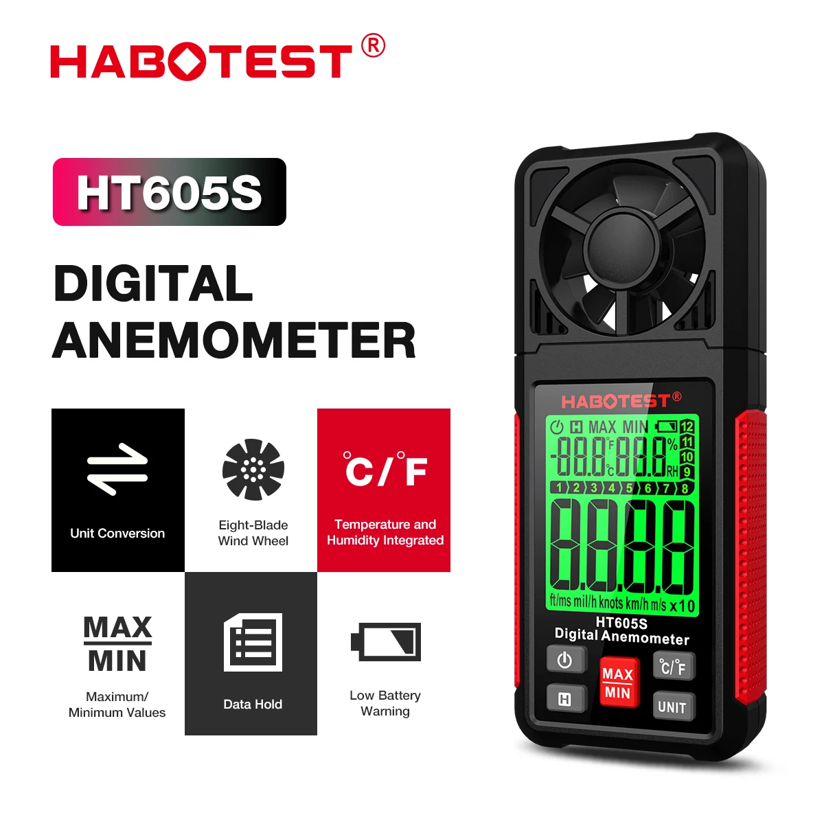 HABOTEST HT605S Digital Anemometer Handheld Portable Wind Speed Meter Air Velocity Gauge LCD Display Temperature Humidity Meter