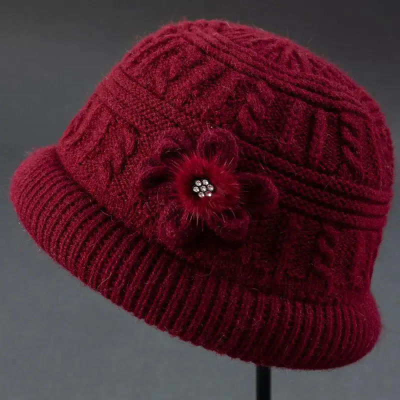 Warm Knitted Woolen Cap for Elderly Women Winter Hat for Grandmothers Non-Adjustable Foldable round Top No Brim All Season