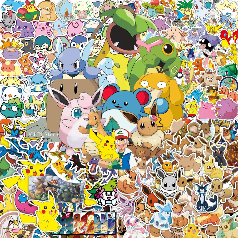 50/80/100PCS Cute Anime Pokemon Stickers for Kids Toys Waterproof Ash Ketchum Eevee Psyduck Pikachu Cartoon Stickers DIY Decals