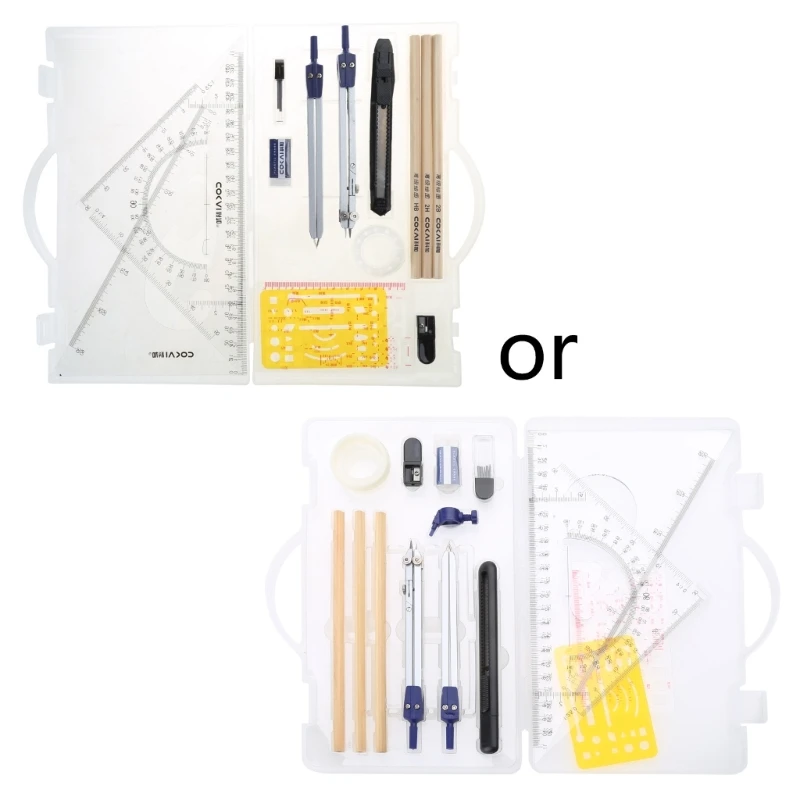 18Pcs Geometry Set Drawing Template Protractor Set with Shatterproof Storage Box Drawing Tools, Drafting Set