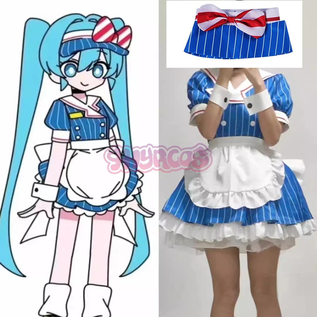 6 Stuks Hypnotiseur Cosplay Kostuum Mikuuuuu Hypnotiseur Cosplay Blauw Gestreepte Lolita Meid Jurk Halloween Feest Virtueel Uniform Pak