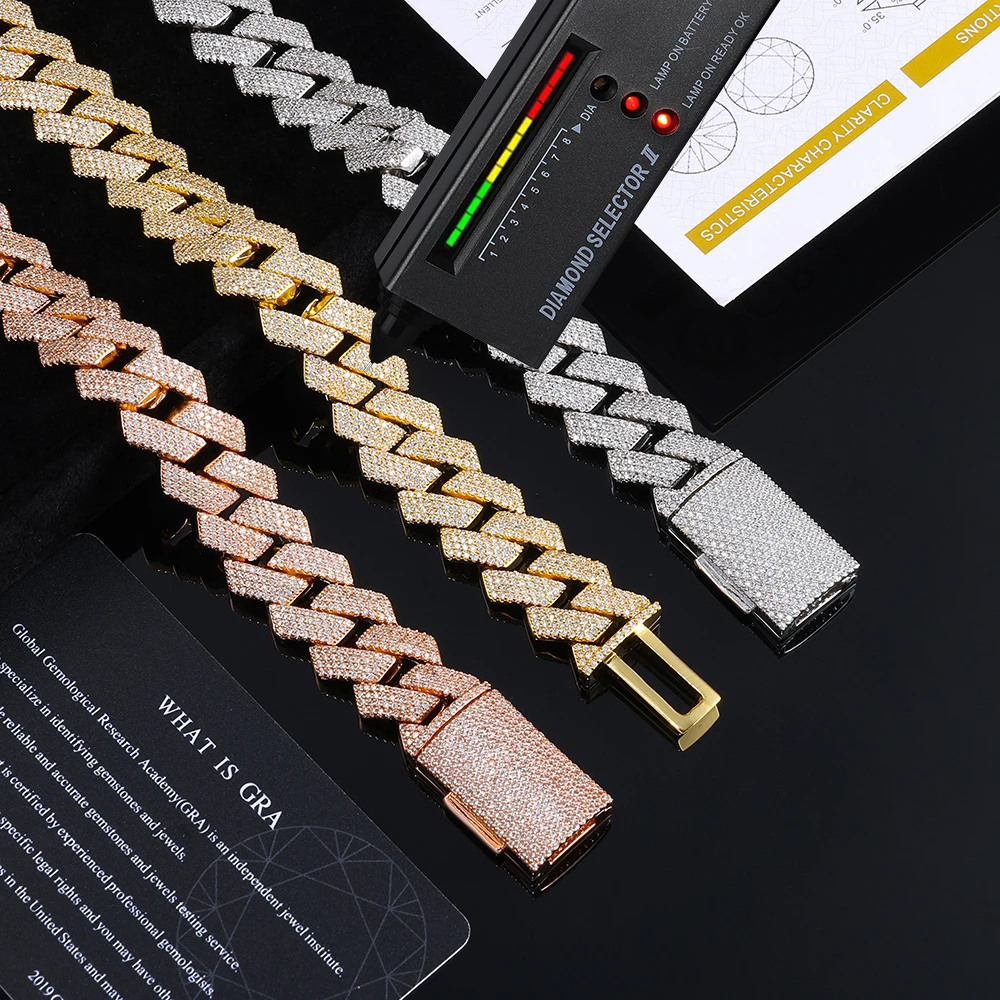 15mm 925 Silver Moissanite Cuban Link Chain Necklace Iced Out Hip Hop Jewelry GRA Certified Luxury Choker for Men Women Gift