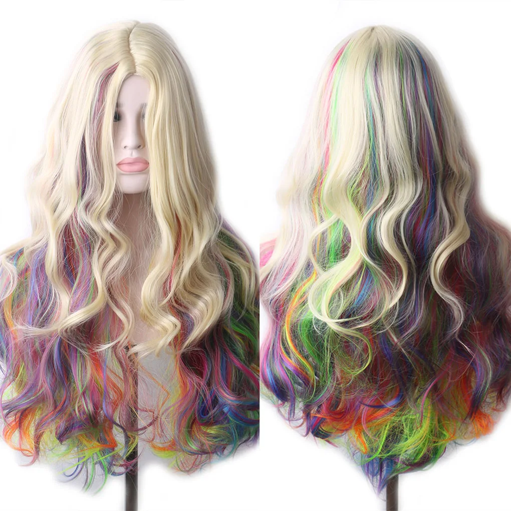 

Harajuku mixed color wave color female medium parted long curly wig full head cover