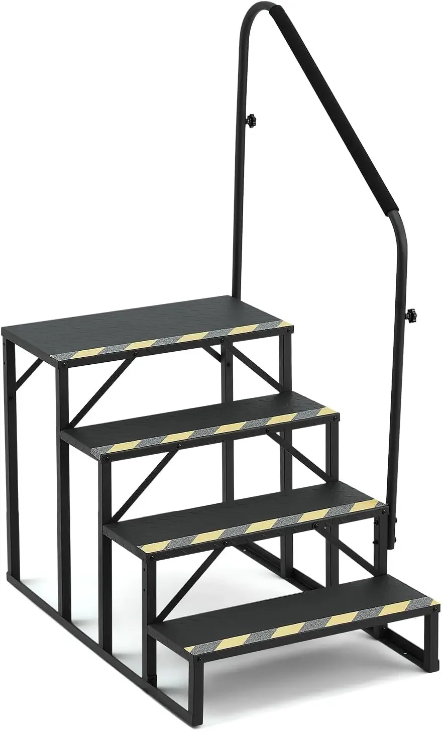 4-Step RV Steps with Handrail, 660 LBS Metal RV Stairs with Armrest Cover, Anti-Slip Hot Tub Steps, Mobile Home Steps for Travel
