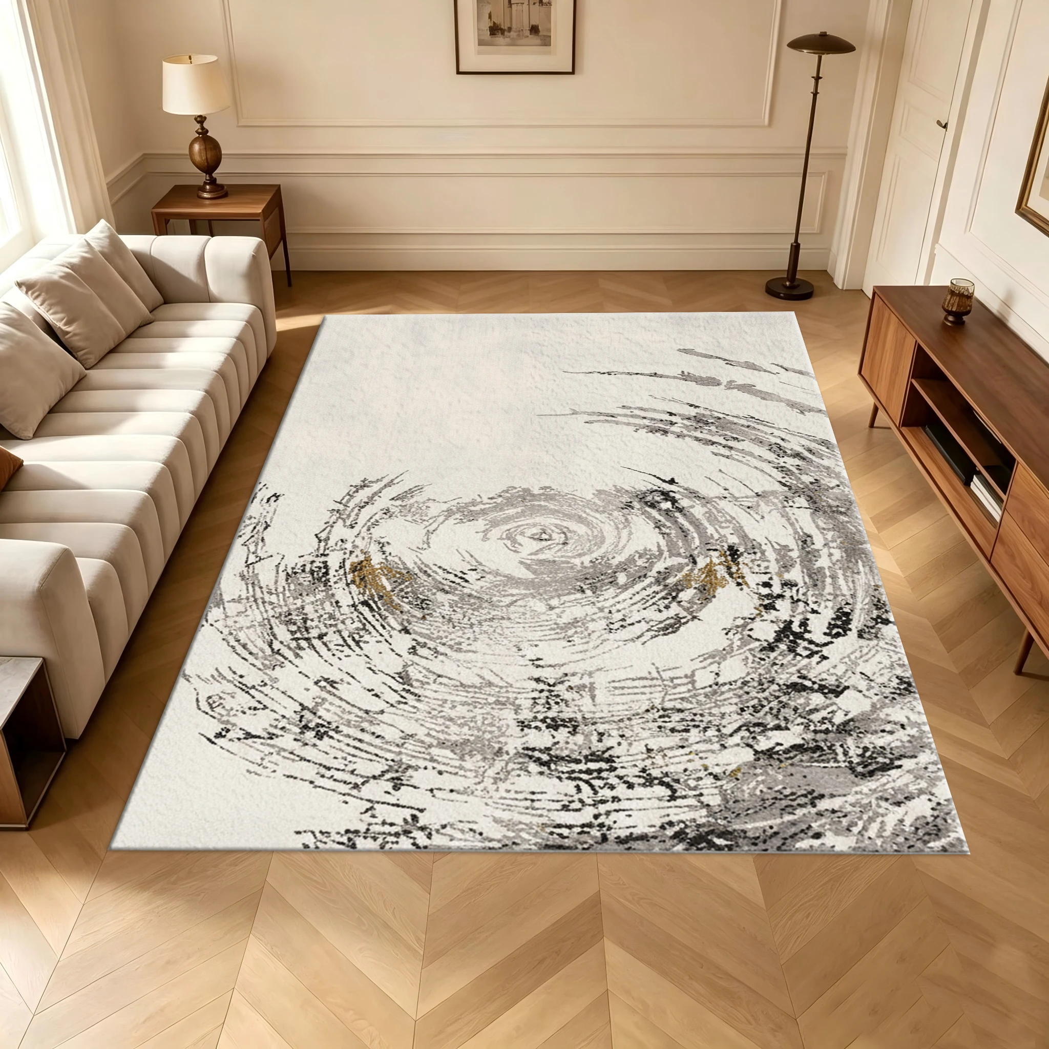 Ink Wash Spiral Abstract Carpet Flooring Grey Gold Light Tone for Living Room Bedroom Home Floor Decor