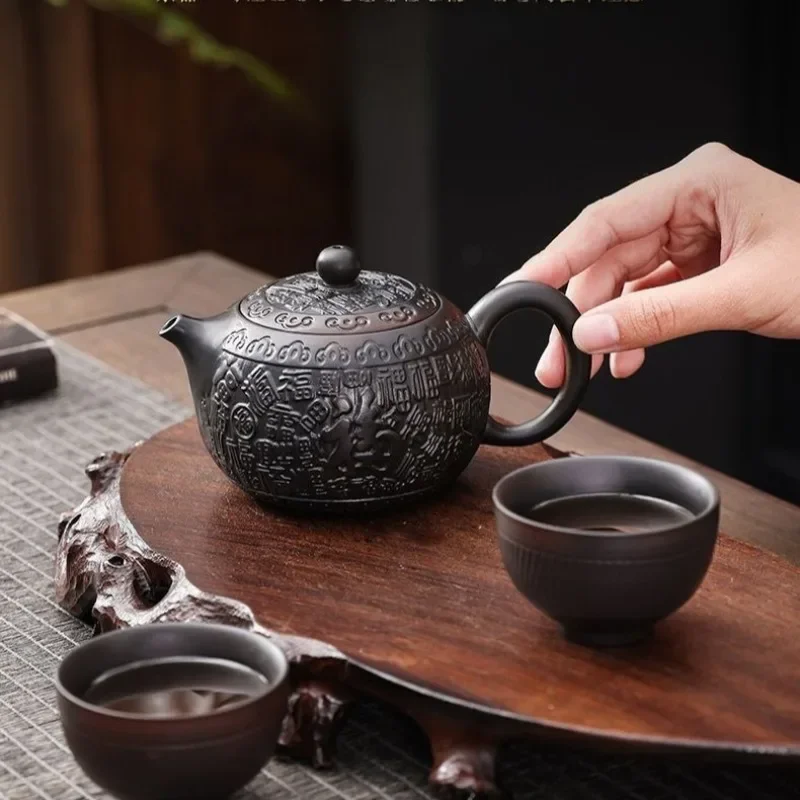 1PC purple clay teapot original ore aged Tianqing mud handcrafted carving Baifu stone ladybug teapot high-end steeping teapot