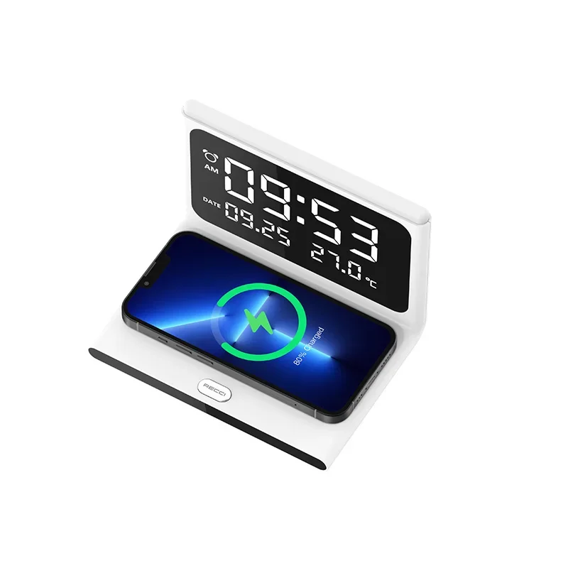 Manufacturer Digital Alarm Clock Fast charging 15W Multifunctional Wireless Charger  Calendar with LED ambient light