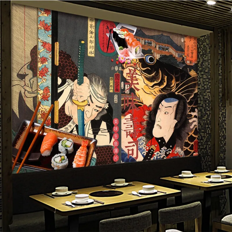 

Japanese Ukiyo-e Delicious Sushi Character Background Wallpaper Mural 3D Modern Sushi Restaurant Industrial Decor Wall Paper 3D