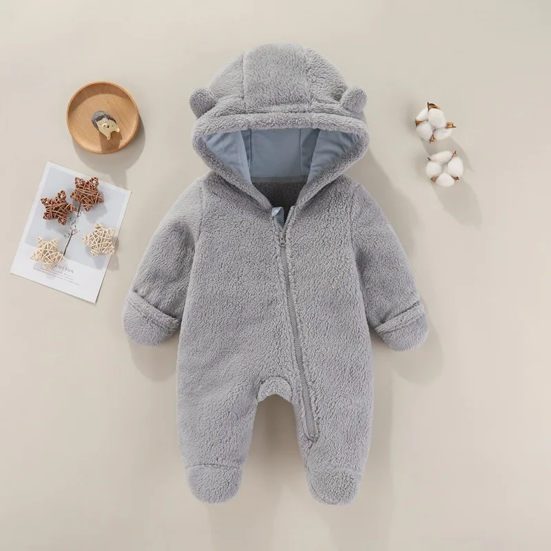 AYNIGIELL Autumn Baby Jumpsuit Warm Infant Hooded Plush Rompers Newborn Girl Overalls Spring Toddler Clothes