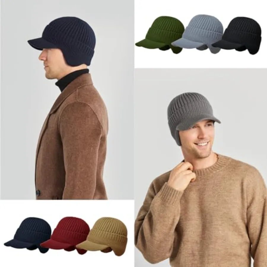 Gorro de invierno para hombre con ala, gorro cálido con orejeras para hombre, gorro de invierno de punto con forro polar grueso para exteriores