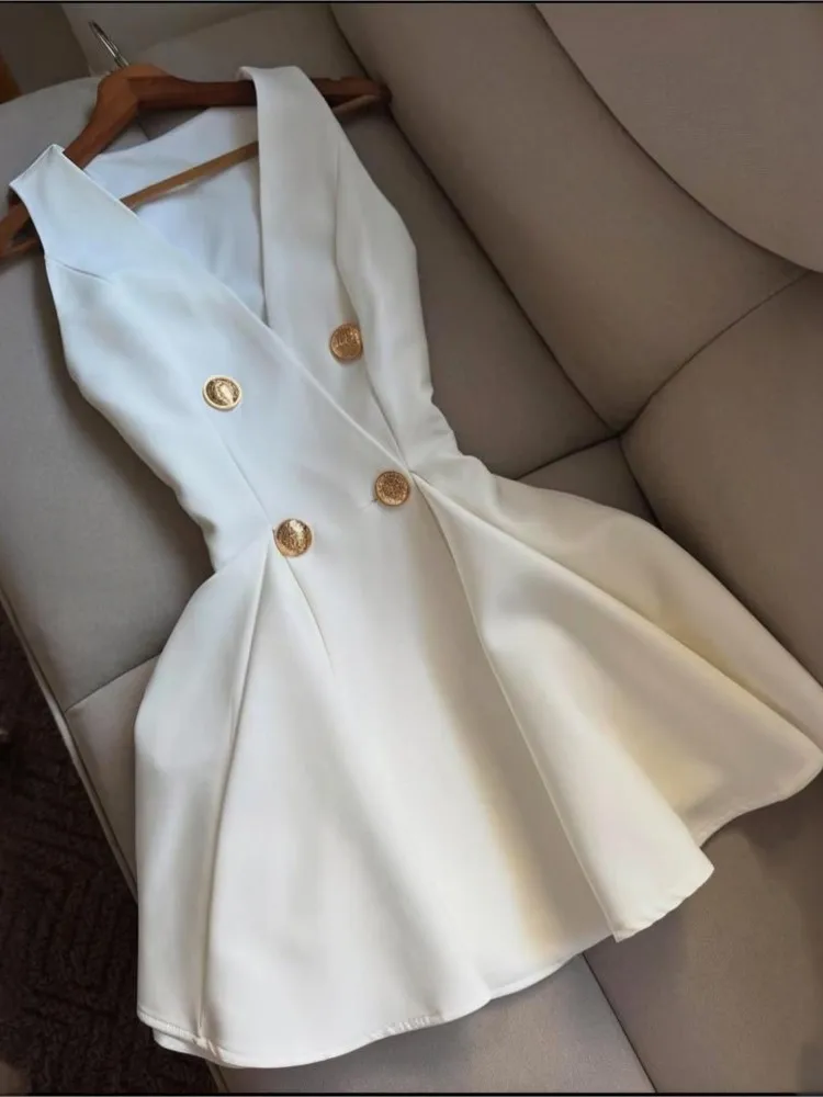 

Spring And Summer New Temperament Commuting Dress Women's Elegant V-neck Sleeveless Button Simple Solid Color Pure Short Dresses