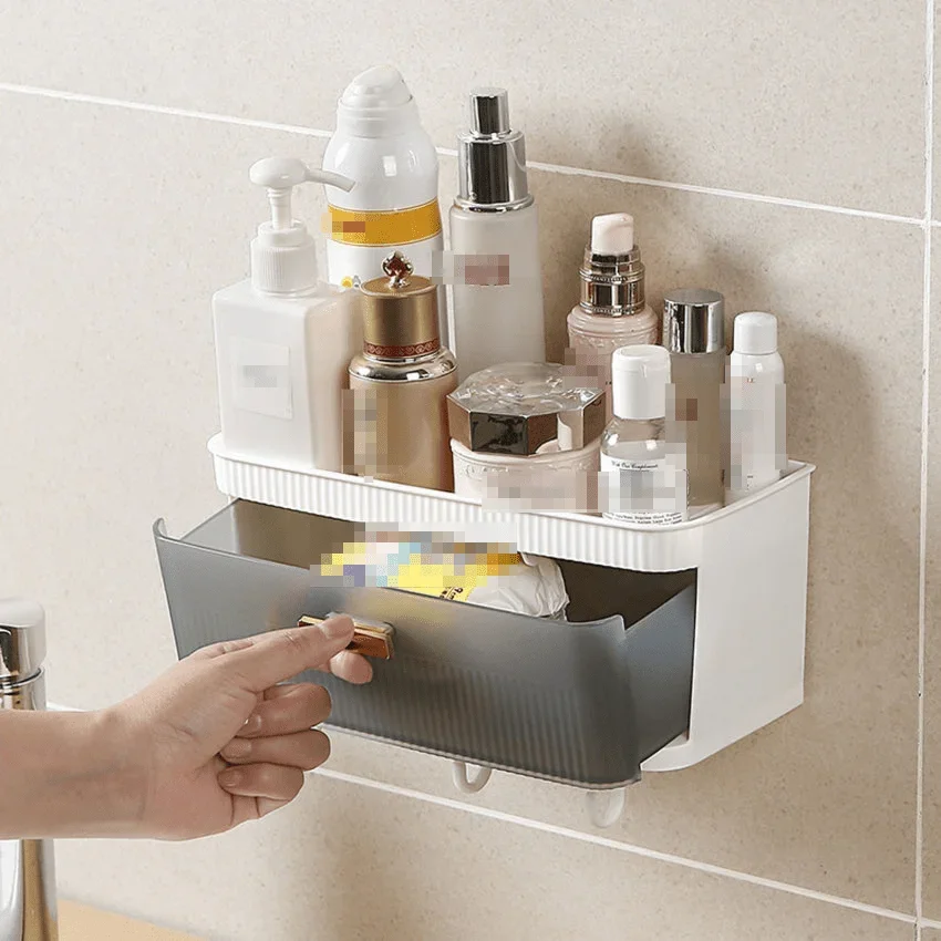 Plastic Wall-Mounted Bathroom  Rack, Multifunctional Non-punch Shelf For Kitchen, Toilet, Balcony, Organizer Basket With Hanging