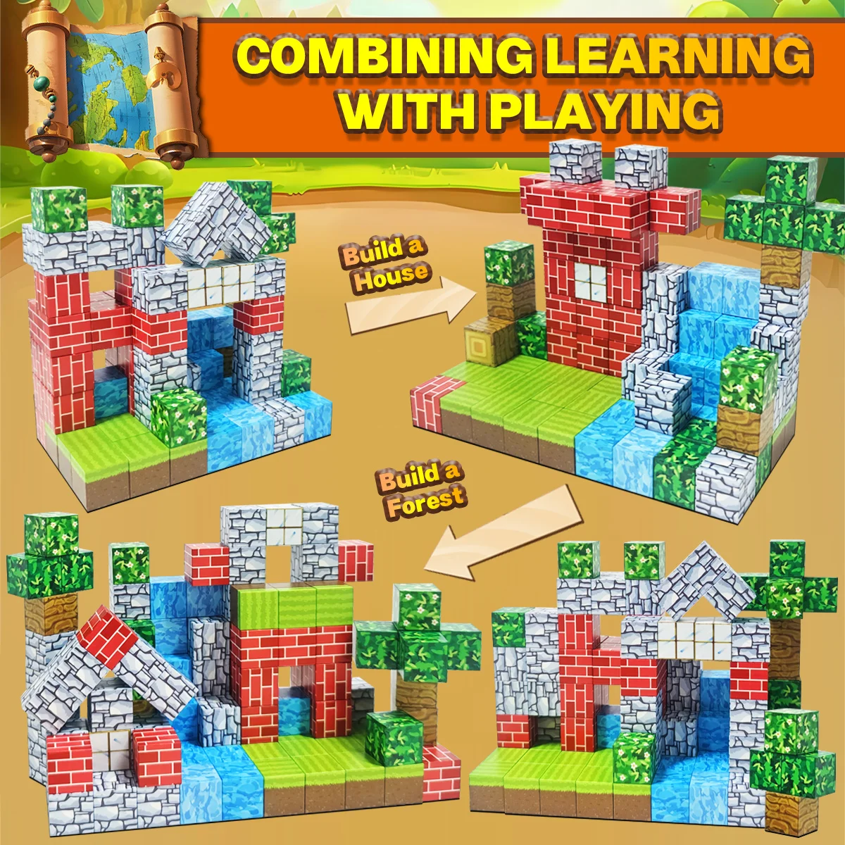 Magnetic Building Blocks Cubes for Kids, Magnet Tiles Stacking Toy, Build Forest World Set, Sensory Christmas Birthday Gifts