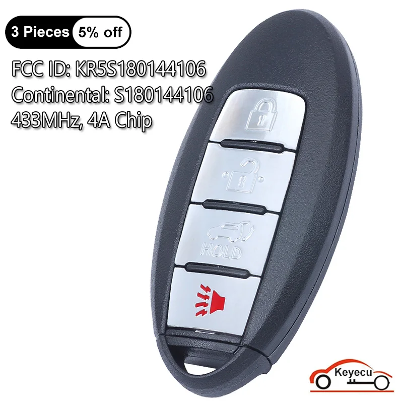 KEYECU 4 Buttons 433MHz 4A Chip for Nissan Rogue 2014 2015 2016 2017 2018 Auto Smart Remote Key Fob S180144106 KR5S180144106