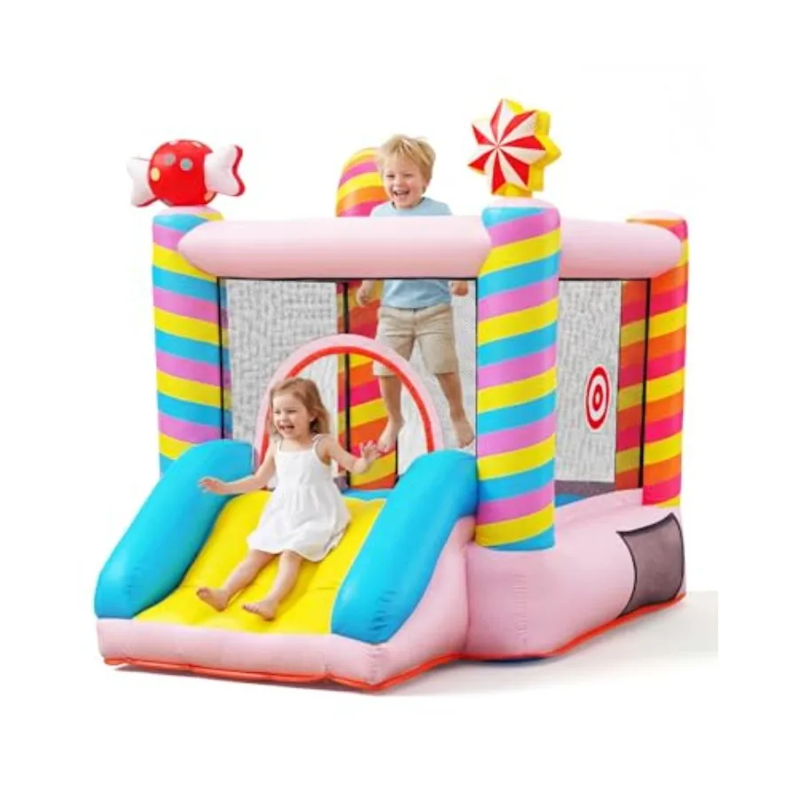 

Sweet Inflatable Bouncy Castle for Ages 3-6 with Slide Mini Toddler Jumping House in Pastel Colors Indoor Outdoor Use Includes