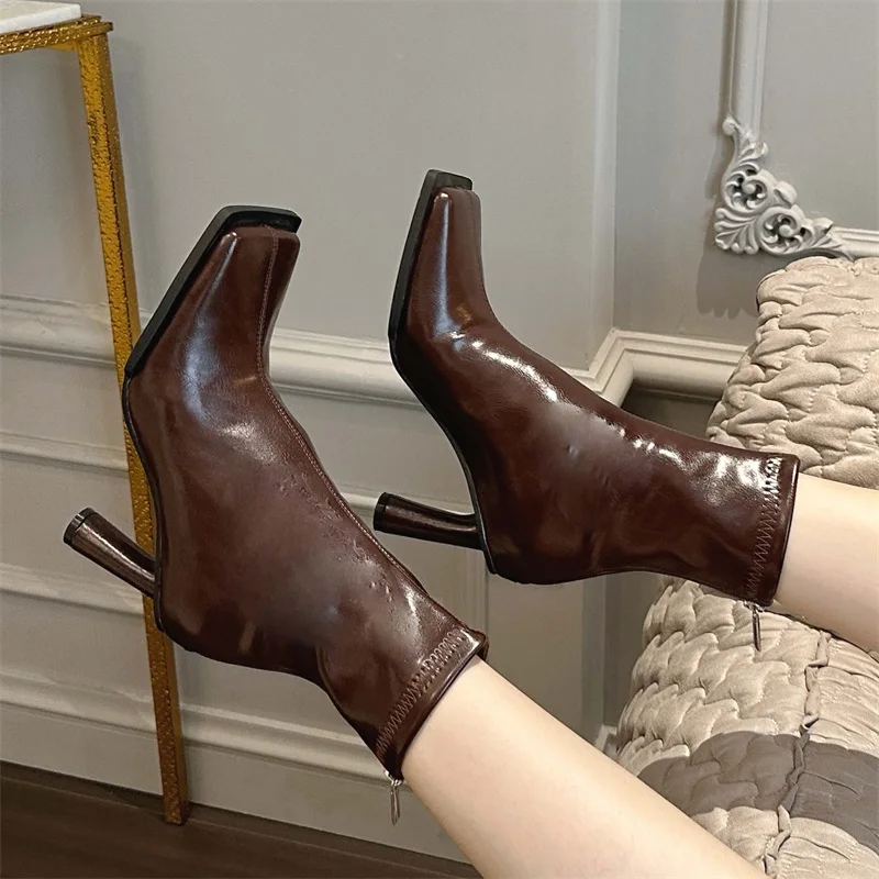Autumn Cozy Soft Leather Square Toe Ankle Boots Women Elegant Stiletto Heels Fashion Zip Ladies Party Shoes Zapatos Mujer