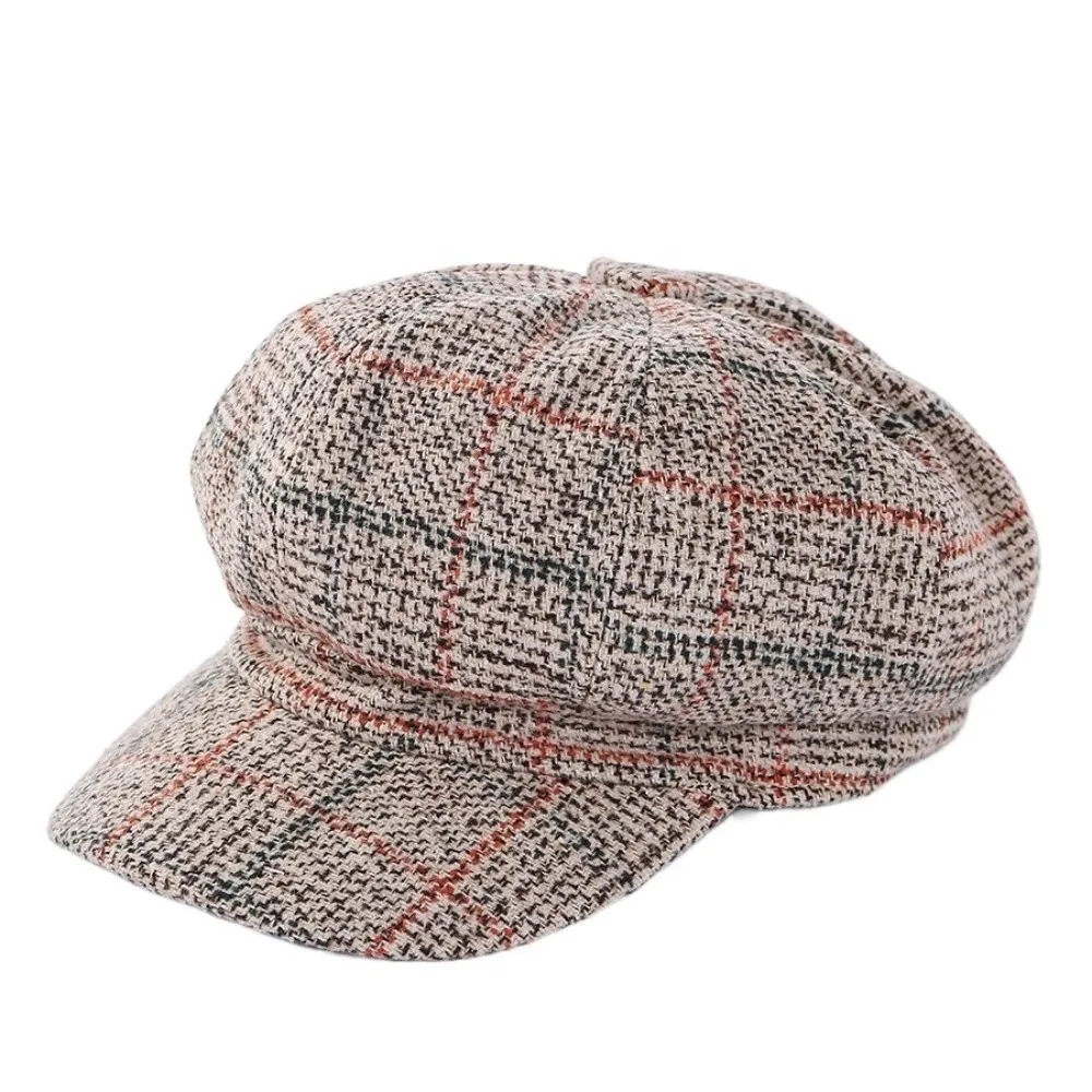 

Elegant Woolen Plaid Octagonal Hat Thick Keep Warm Painter Caps Ear Protection Korean Style Artist Hat Girl