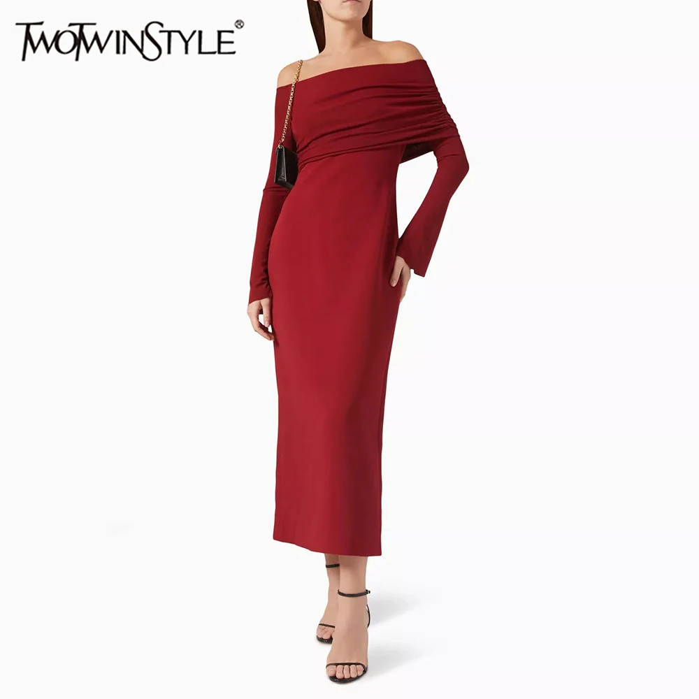 TWOTWINSTYLE Solid Elegant Dresses For Women Slash Neck Long Sleeve High Waist Spliced Folds Asymmetrical Dress Female Fashion