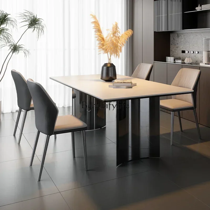 

yj 5 Italian rock slab dining table rectangular small apartment household stainless steel mirror rock slab dining table