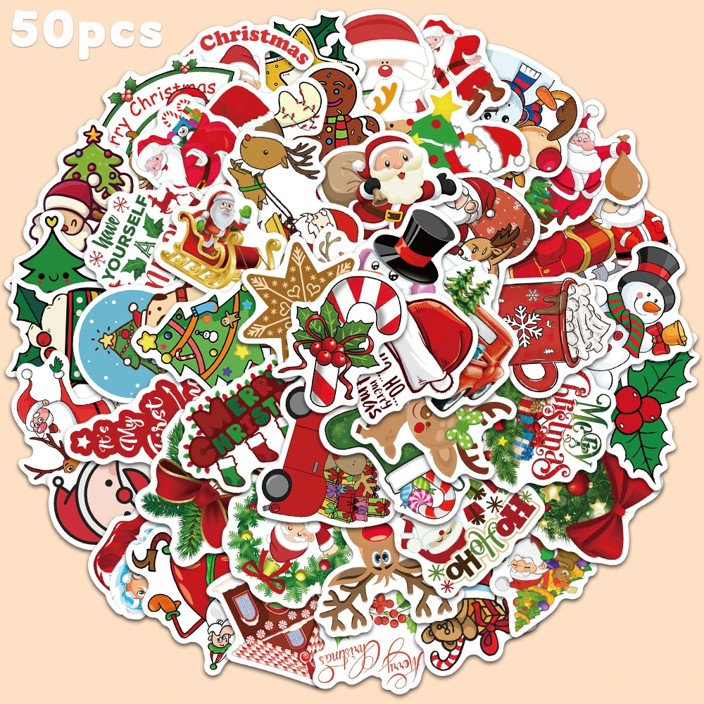 50pcs Cartoon Xmas Sticker Cute Funny Snowman Santa Claus Decal For Phone Laptop Diary DIY Decorative Sticker Xmas Holiday Gift