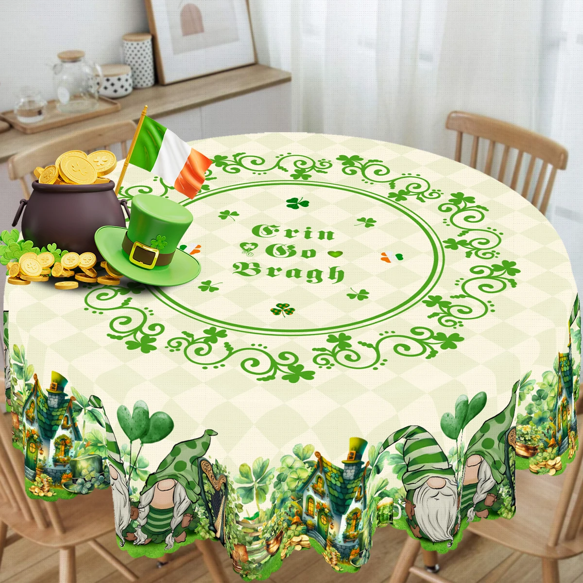 1 Piece of St. Patrick's Day Themed Light Green Round and Rectangular Tablecloth, Available in Various Sizes, Light Green Argyle Background with Emerald Clover, Scrollwork, and Elf Dwarf Print Decorations, Embossed Edge Craftsmanship, St. Patrick's Day Party Table Decoration, Suitable for Family Gatherings, Holiday Party Use, Irish Holiday Decoration, Spring Decoration