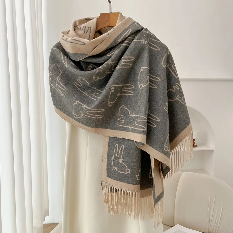 Luxury Brand Cashmere Women Rabbit Scarf Winter Warm Shawl and Wrap Bandana Pashmina Female Foulard Square Thick Blanket Poncho