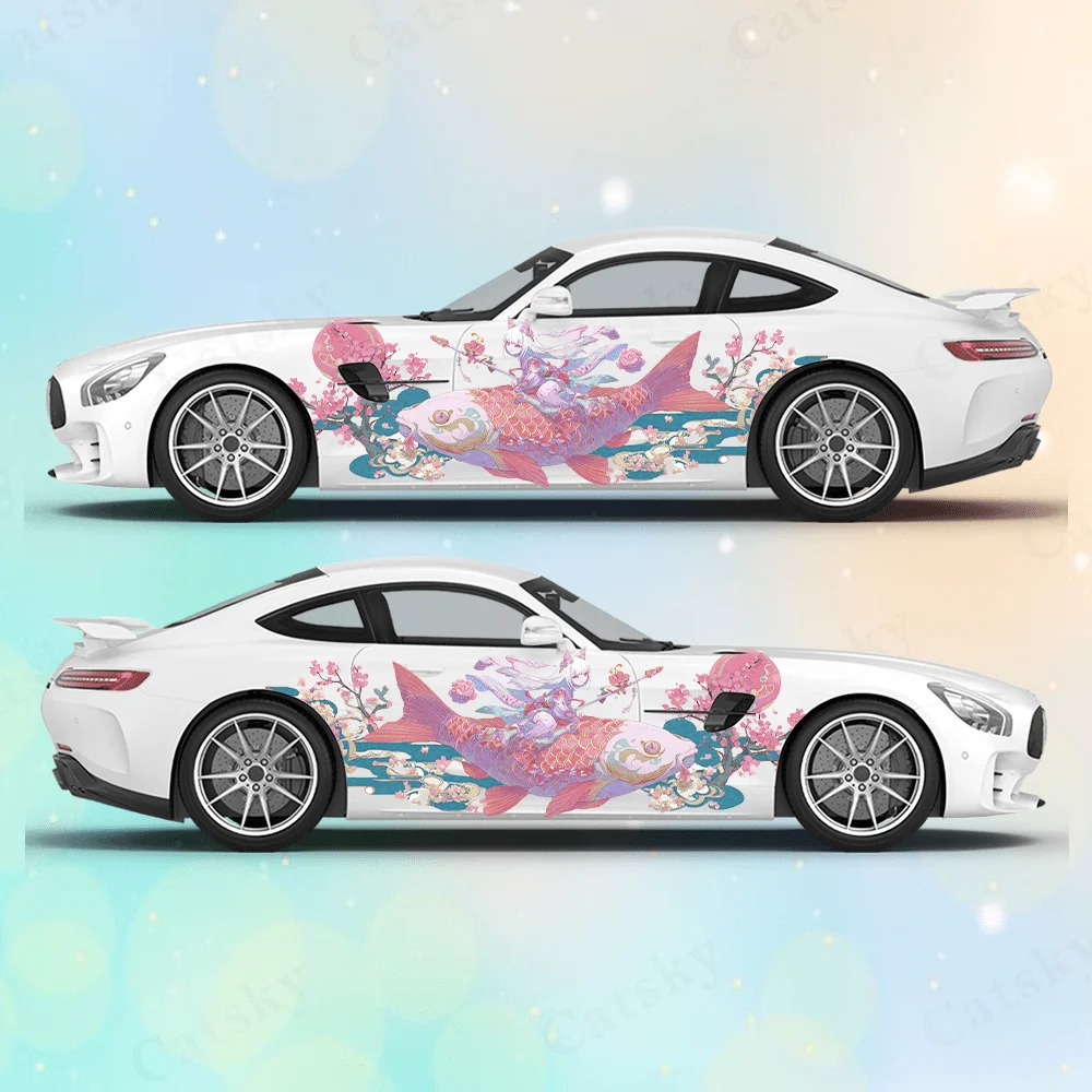 

Озорная девушка, цветок кои, автомобильные виниловые наклейки, самоклеящаяся наклейка из ПВХ, подходит для грузовиков, внедорожников, декор, автоаксессуары, подарок