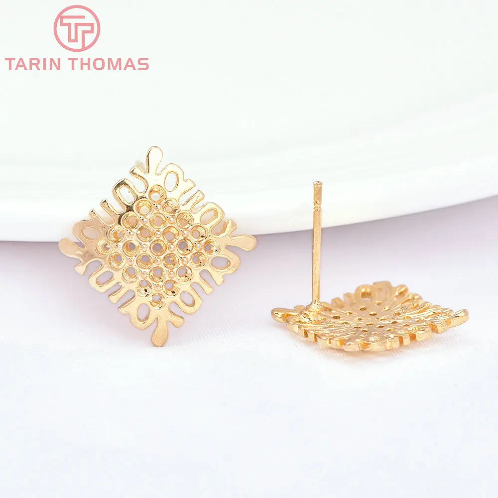 

(2645)6PCS 13x13MM 24K Gold Color Brass Square Stud Earrings Pins High Quality Diy Jewelry Findings Accessories