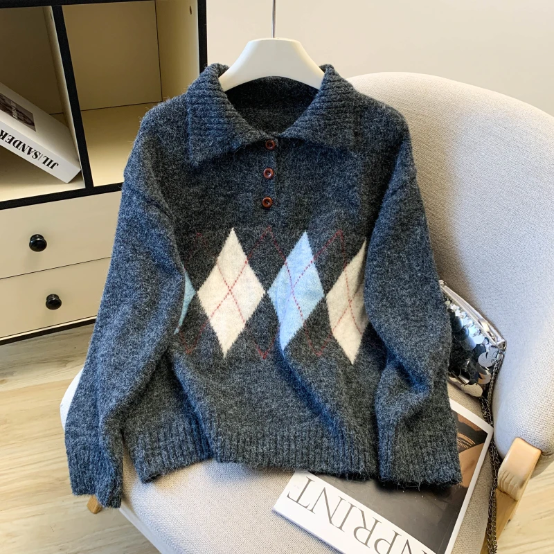 Women's White Polo-Neck Checked Pullover Sweater 2000s Vintage Korean Style Long Sleeves Cozy Cashmere Sweater For Women Clothes