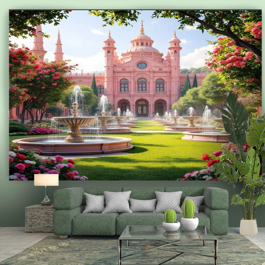 1PC Pink Palace Garden Fountain Print Backdrop Banner, Bedroom Living Room Photo Background, Polyester, Home Decor, Wall Art