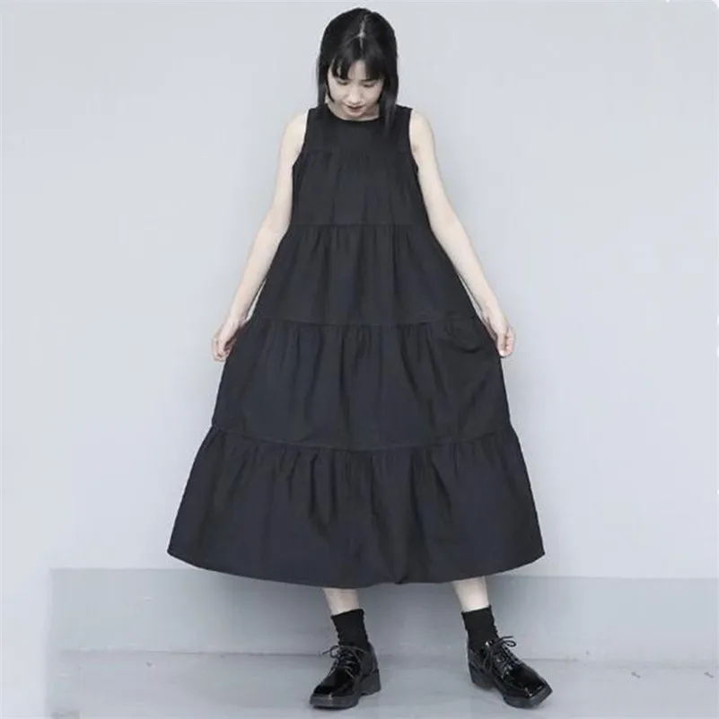 Women Summer  Elegant  Loose Sleeveless Long Dress Solid O-Neck Cotton Linen Ruffles Party Dress Basics Tank Dress Vestidos