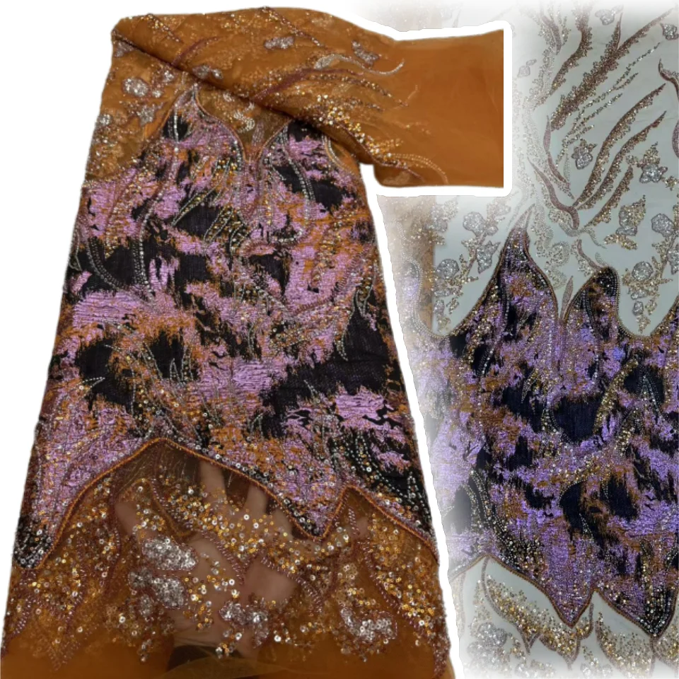 

Orange Nigerian Fabric Sequin Purple Embroidery Lace Fabric 2025 High Quality Beaded Lace Bridal Lace Fabric for Sewing SZ1281