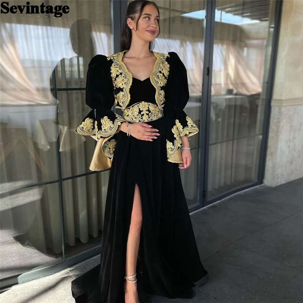 Sevintage Customized Black Prom Dress A-Line Puff Sleeves Lace Appliques Formal Evening Dress High Slit Floor Length Party Gowns