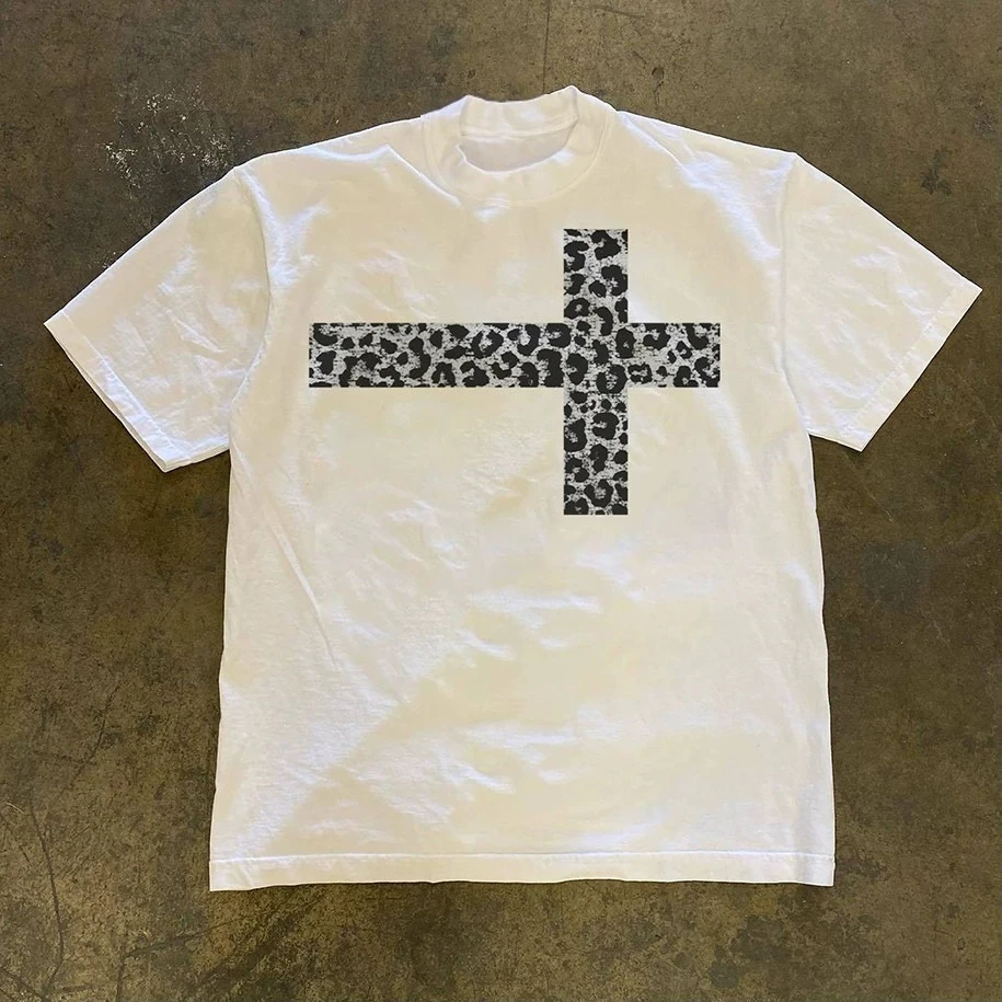 Men's Oversized Leopard Print Cross T Shirt Y2K Streetwear Casual Crew Neck Short Sleeve Cotton Tee Unisex Summer Graphic Top
