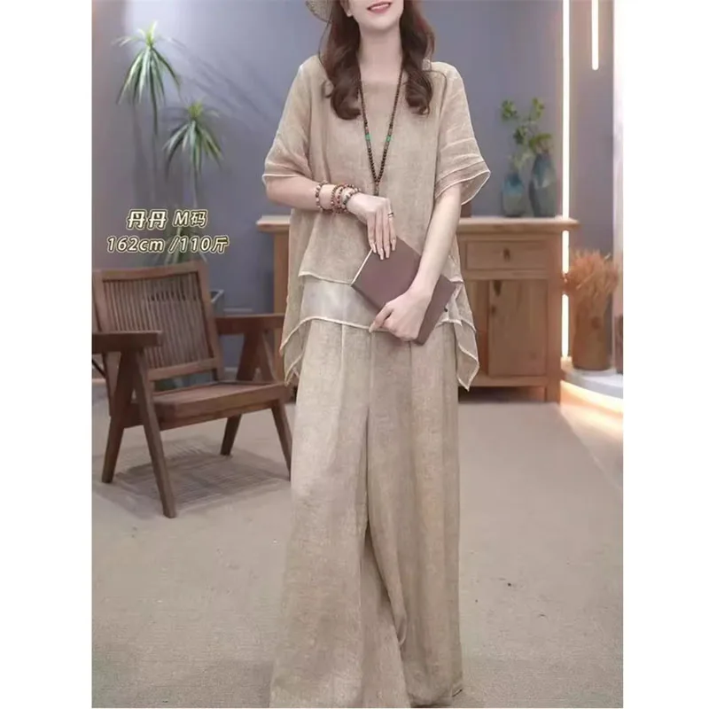 Literature and Art Retro Cotton Hemp Set for Women's 2024 Summer New Ethnic Style Loose and Slimming Style Two Piece Set Khaki