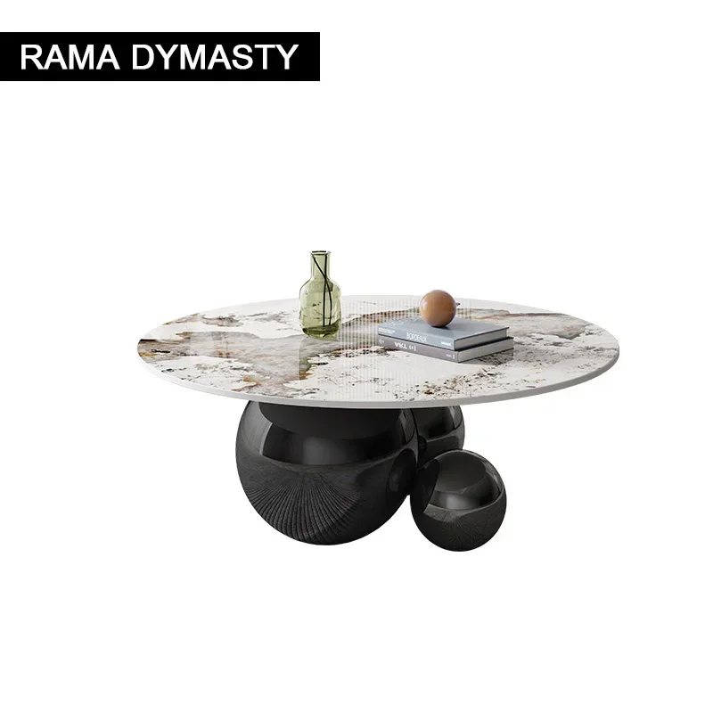 Titanium Light Luxury Stainless Steel Round Rock Slab Coffee Table Simple Living Room Coffee Table Small Household Household