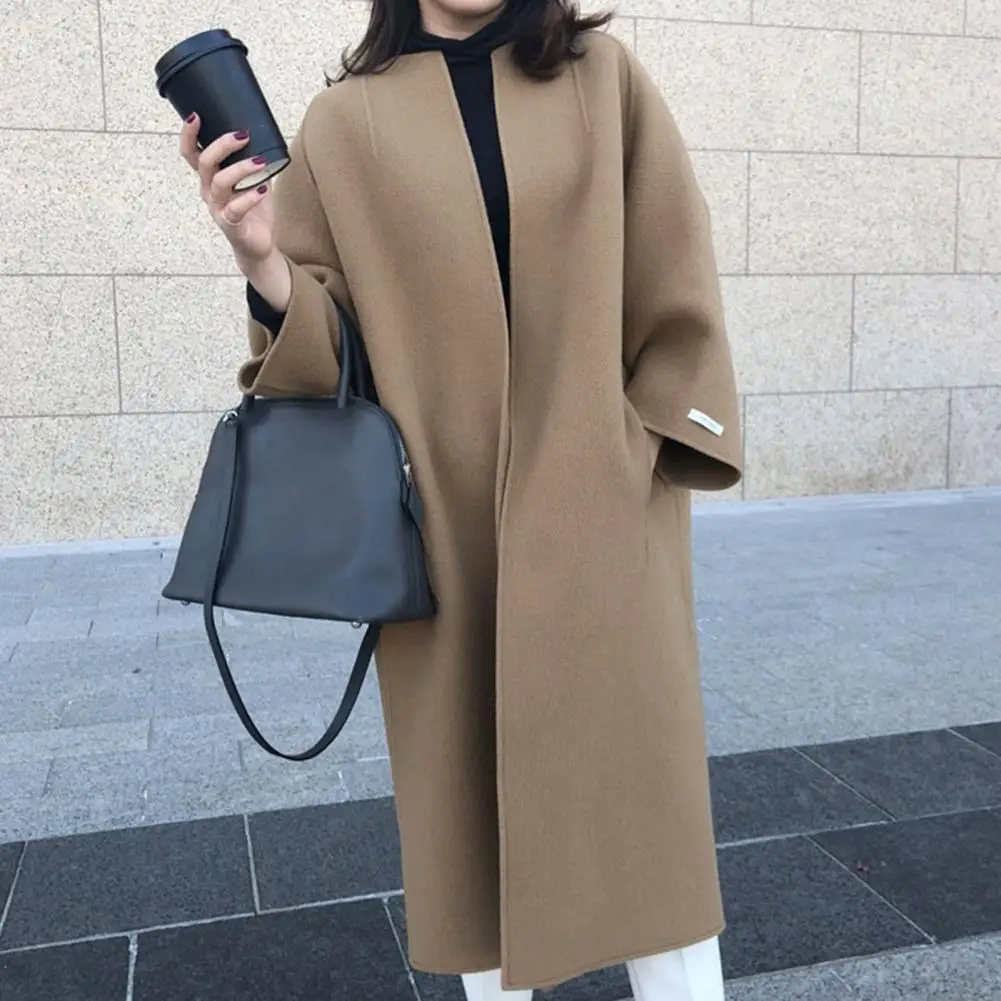 

Elegant Coat Skin-Touching Woolen Outerwear Warm Lady Casual Open Stitch Pure Color Winter Long Woolen Coat Coldproof