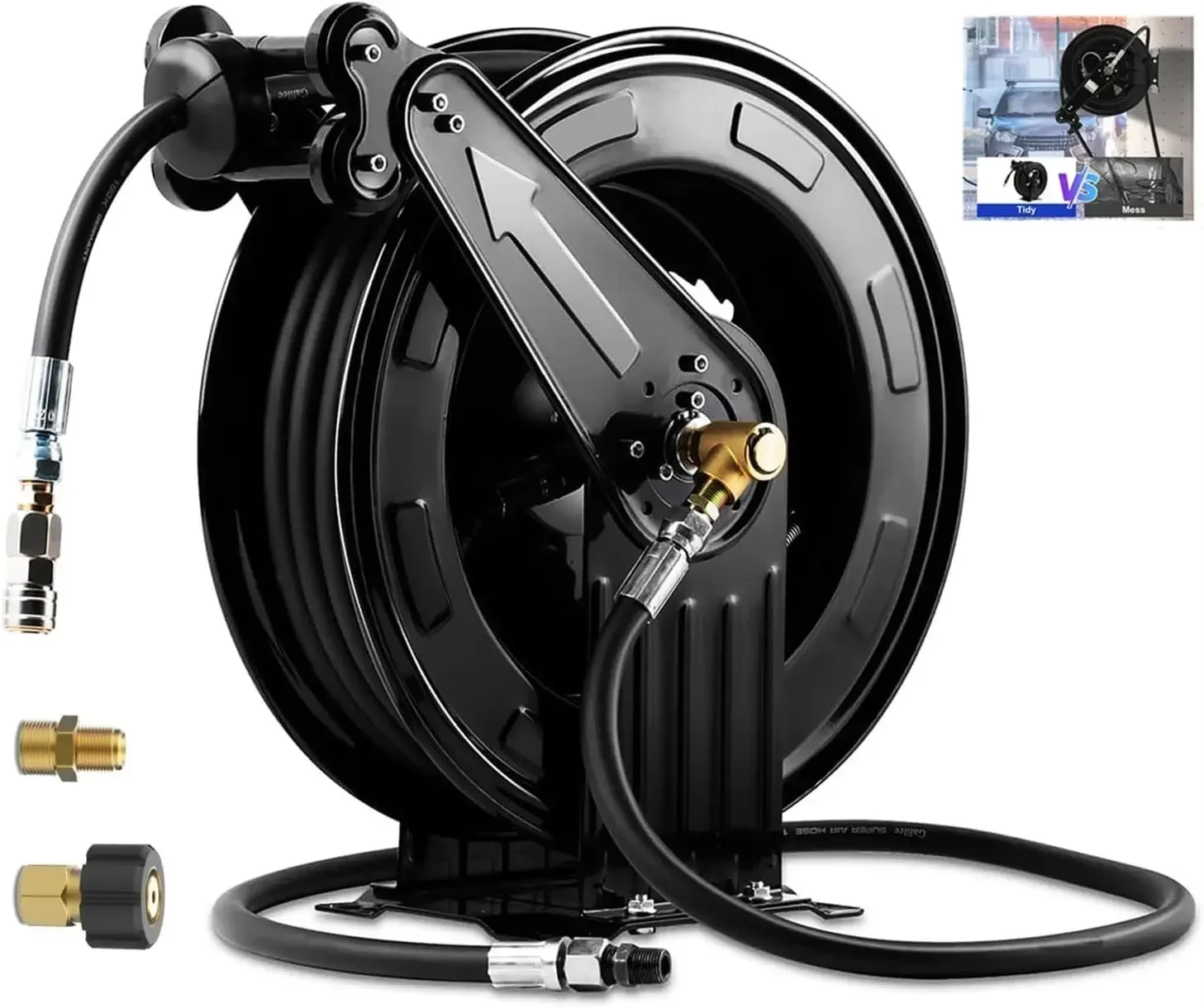 Retractable Hose Reel, Double Arm 3/8 in x 50 ft Heavy Duty Steel Professional Power Wash Hose Reel for Oil/Air/Water 4000 PSI w