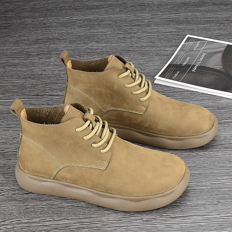 

GNIUZLE Genuine Leather Boots Men's Soft Leather High Top Wide Foot Men's Boots Retro Sle Breathable Spring Autumn