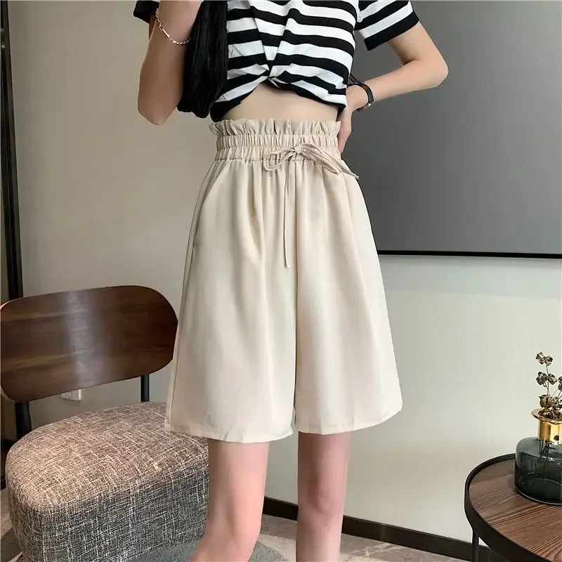 Solid Shorts Voor Vrouwen Hoge Taille Koreaanse Mode Trekkoord Wijde Pijpen Shorts Casual Straight Zomer Korte Broek Kleding Q162