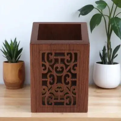 

1pc Solid Wood Pen Holder Box Organizer Storage Container For Office Desk Home Decorative Brush Pot Household Stationery Can