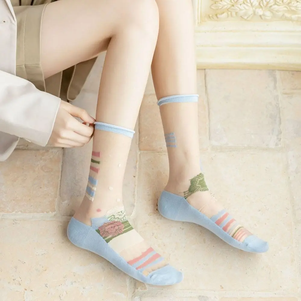 Asymmetry Floral Retro Socks Girls Women Sweet Mesh Middle Tube Socks Summer Ultra-thin Transparent Glass Silk Socks