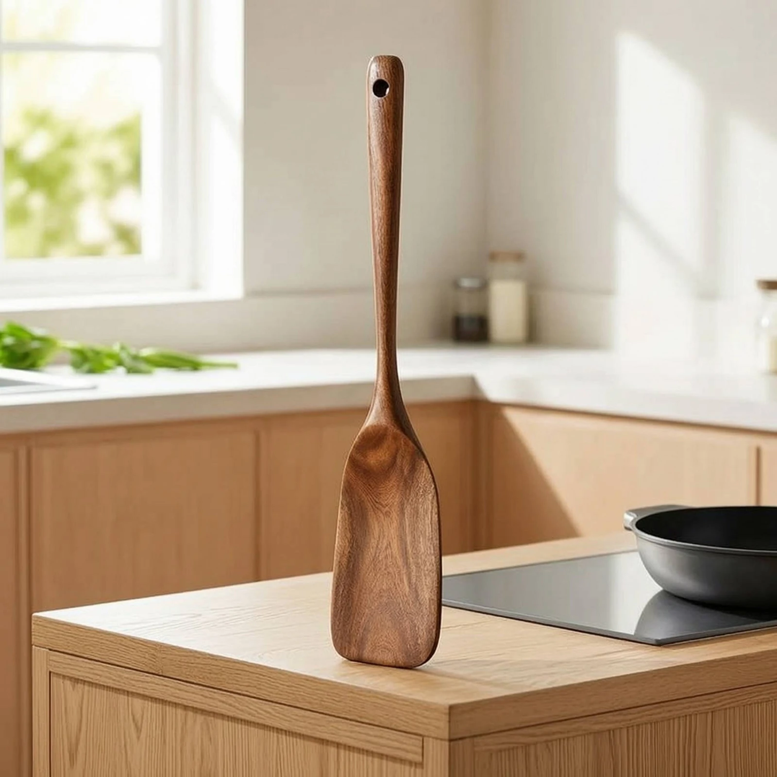 Wooden Spatula Natural Wood Cooking Spatula Wooden Turner Long-Handled Kitchen Tool Non-Stick Safe for Home Cooks