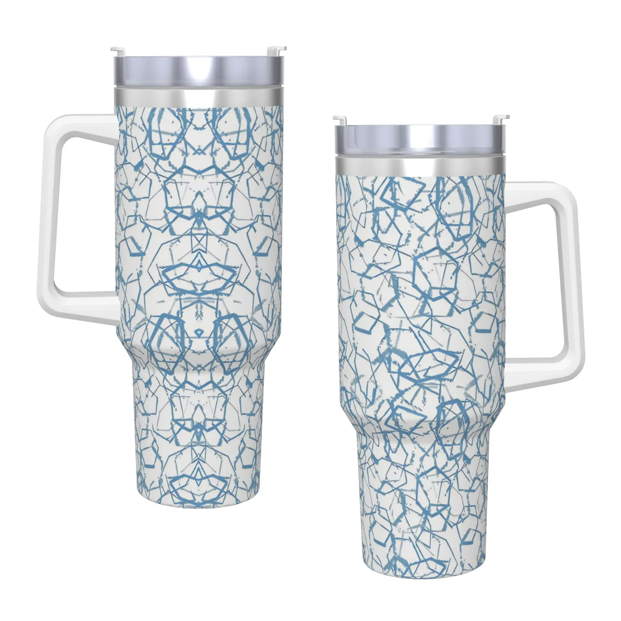 A Faint Geometry Metallic Blue  Tumbler Vacuum Insulated Geometric Ink Blue Thermal Cup with Lid Straw Mugs Hot Cold Drink, 40oz